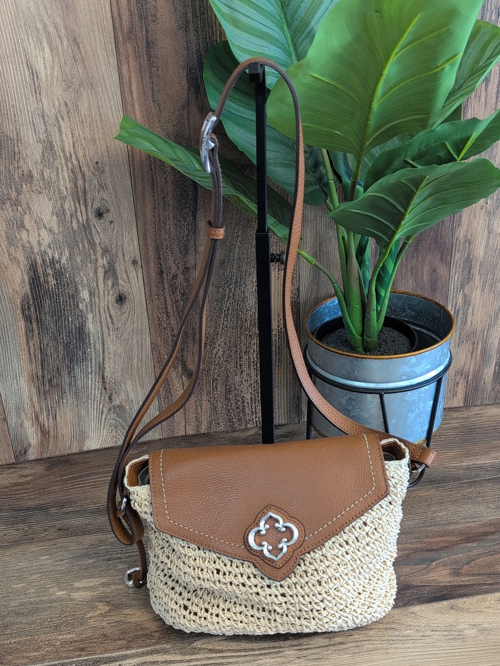 Brighton Finley Flap Straw Brown Leather Woven Crossbody Bag         821A
